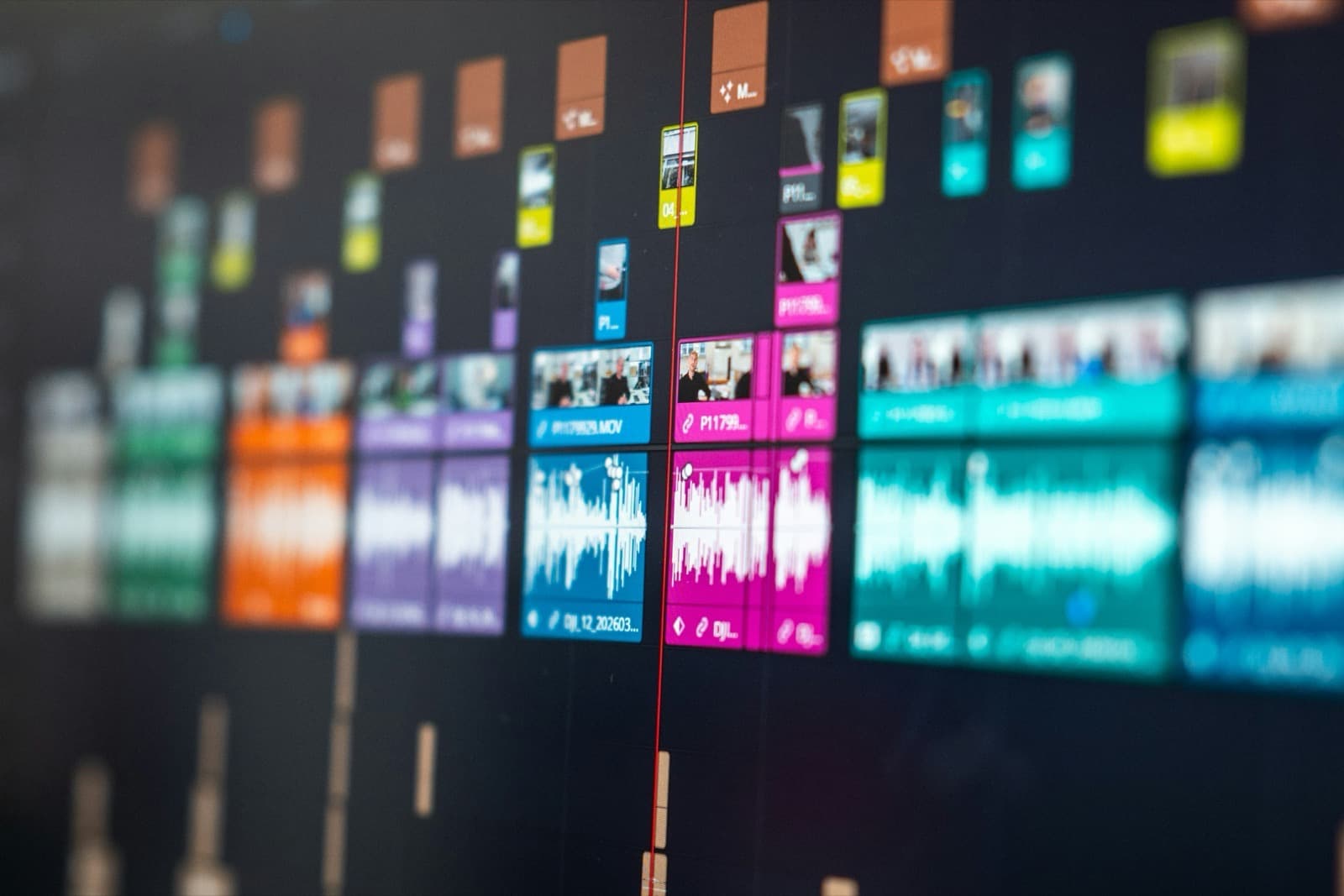 A close-up of an editing timeline on screen: stacked colour-coded clips and audio waveforms running past a red playhead